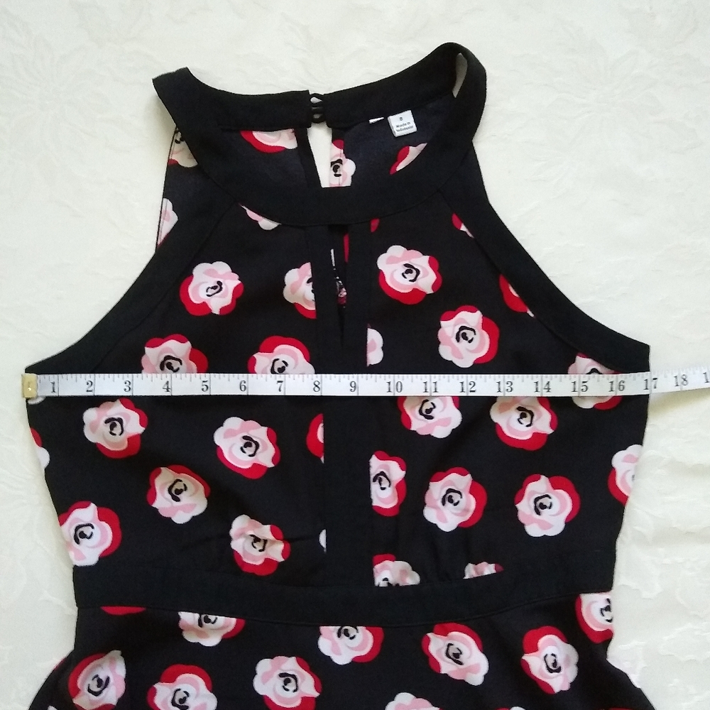 Mod Halter pink red poppies flower swing fit & flare dress - Picture 4 of 7